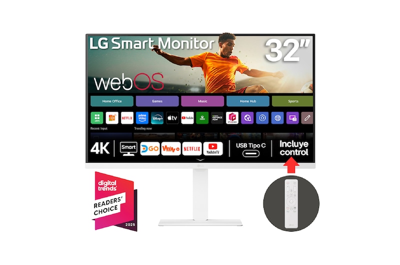 Vista frontal de Monitor LG Smart 4K UHD de 32" con diseño elegante y webOS 32U720SA-W